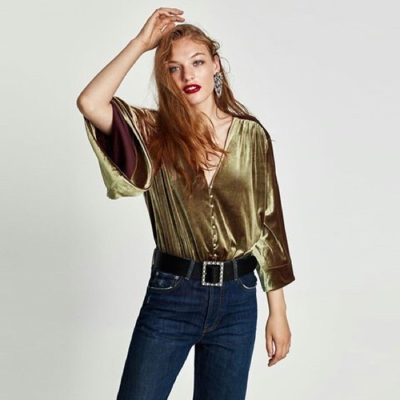 Zara green velvet bodysuit w/ pearl buttons - Picture 3 of 3